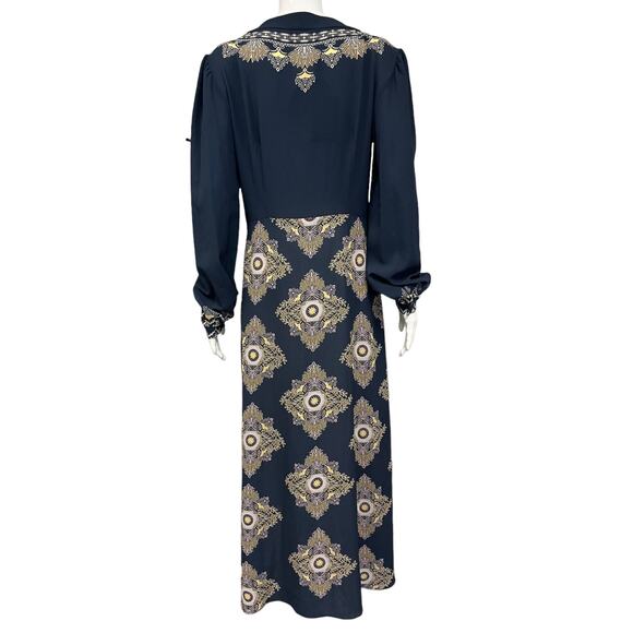 ETRO Navy Blue Embroidered Geo Print Cady Long Sleeve A-line Midi Dress 46 US 10 - Picture 3 of 6